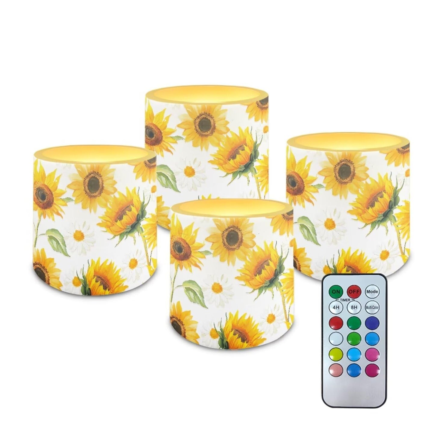 NETILGEN 3 inch Flickering Color Changing LED Candles Set of 4 Flameless Eletric Pillar Candles with Remote Timer Control Home Party Decor Yellow Sunflower Print