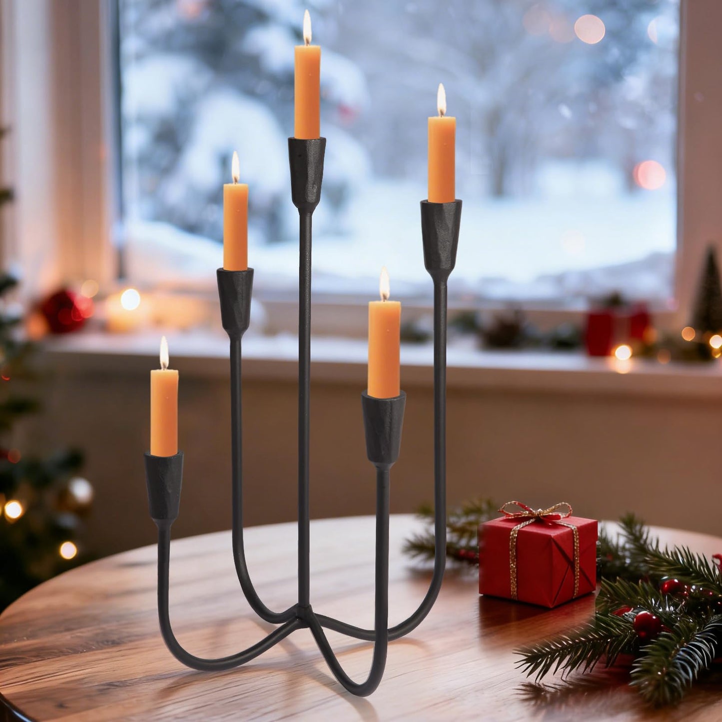Mofunci Cast Iron 5-Candle Candelabra Centerpieces for Tables, Black Candle Holders Wedding Event 17.6 inch Tall Hand-Forged Candlestick Holders for Dining Room, Living Room or Mantel
