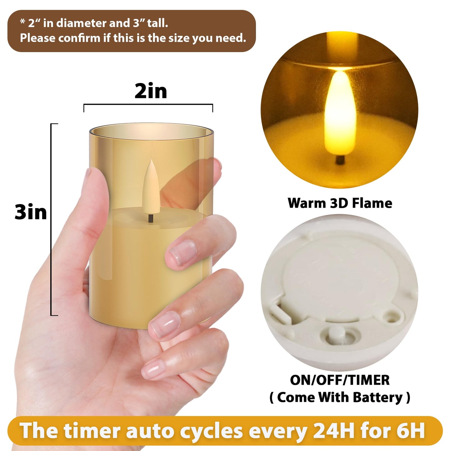 VIODAIM 12Pack Flickering Flameless LED Candles with Timer, Battery Powered - Small Pillar & Votive, Acrylic Made, Gold (2"X3")