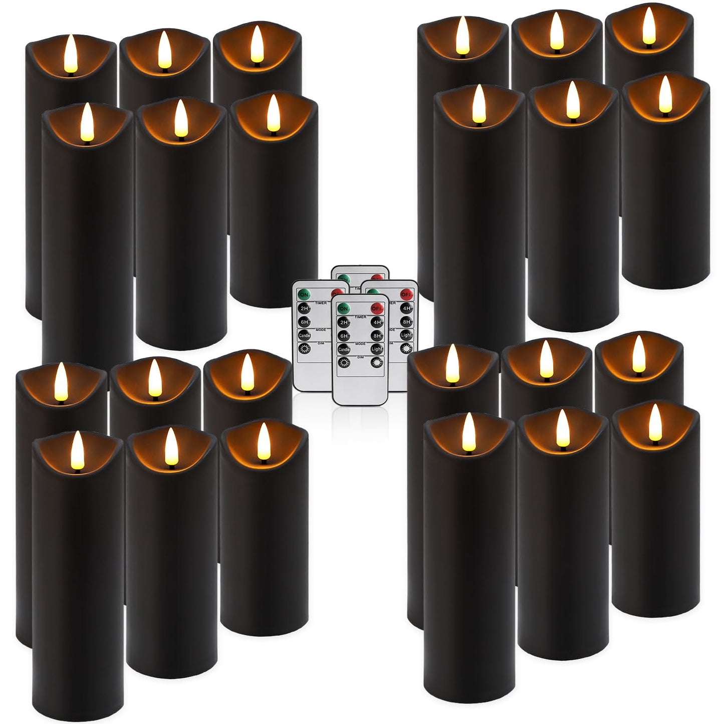 fclayvts Realistic Flameless LED Candle Black Set of 24, Battery Operated with Remote Control, 3D Flame Pillar Timer Funtion Melted Top Safe,Perfect for Indoor/Outdoor Decor,Wedding,BBQ and Gift