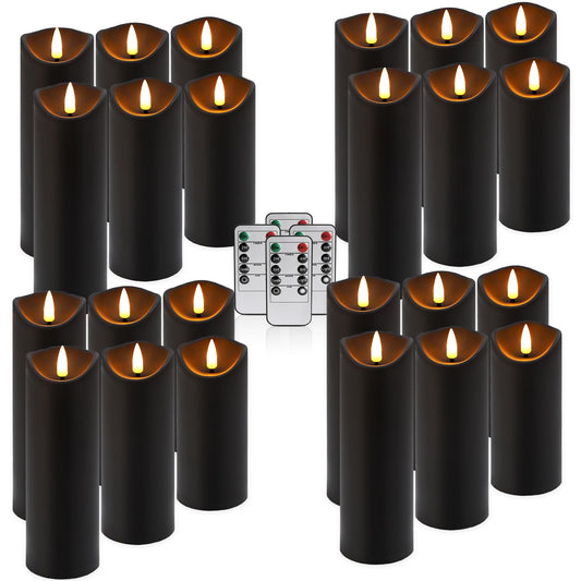 fclayvts Realistic Flameless LED Candle Black Set of 24, Battery Operated with Remote Control, 3D Flame Pillar Timer Funtion Melted Top Safe,Perfect for Indoor/Outdoor Decor,Wedding,BBQ and Gift