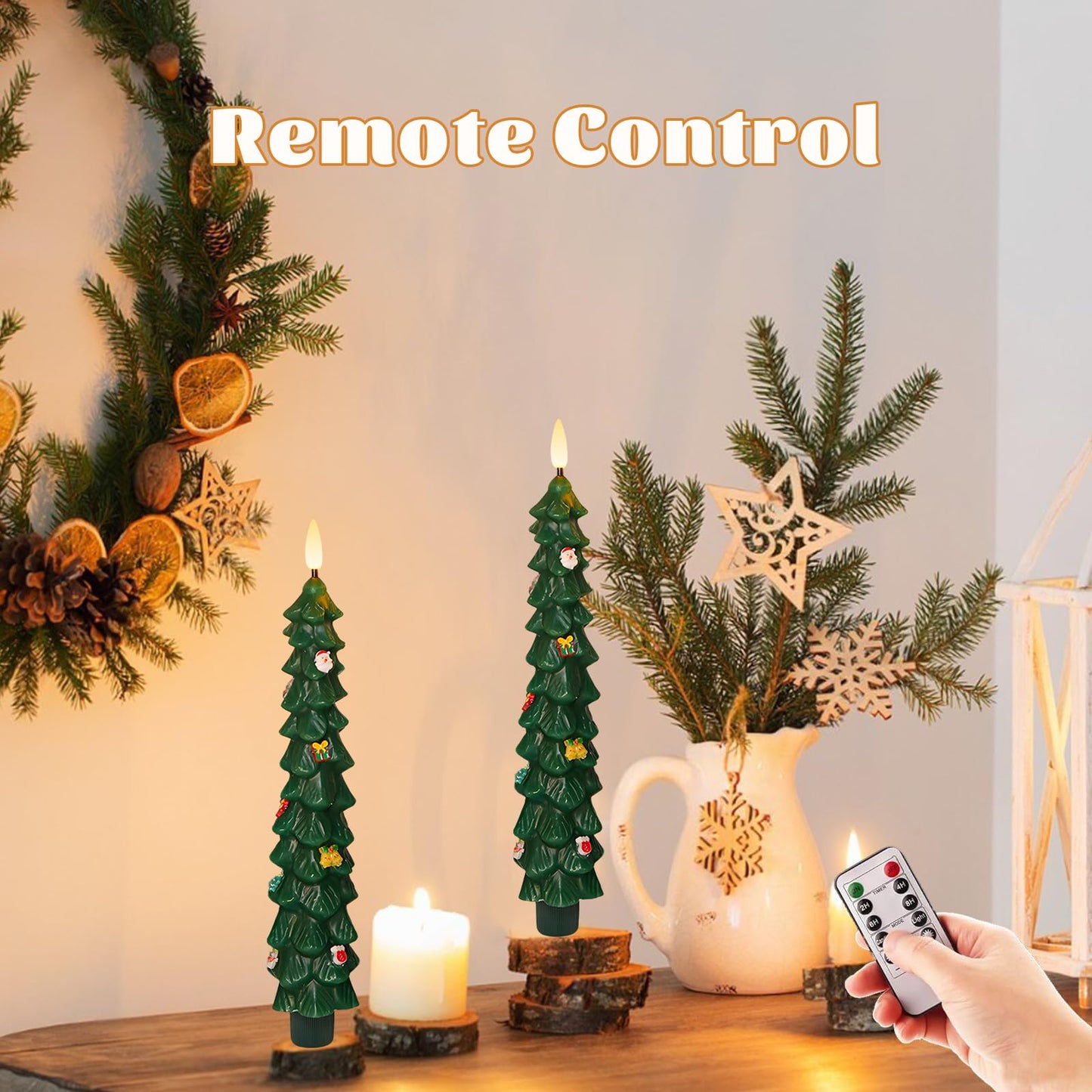 AVEKI Christmas Tree Flameless Taper Candles with Remote, 2 Pcs LED Christmas Tree Candles Real Wax with 3D Flame, 9.7" Battery Operated LED Candlesticks for Home Fireplace Christmas Decor (2 PCS)