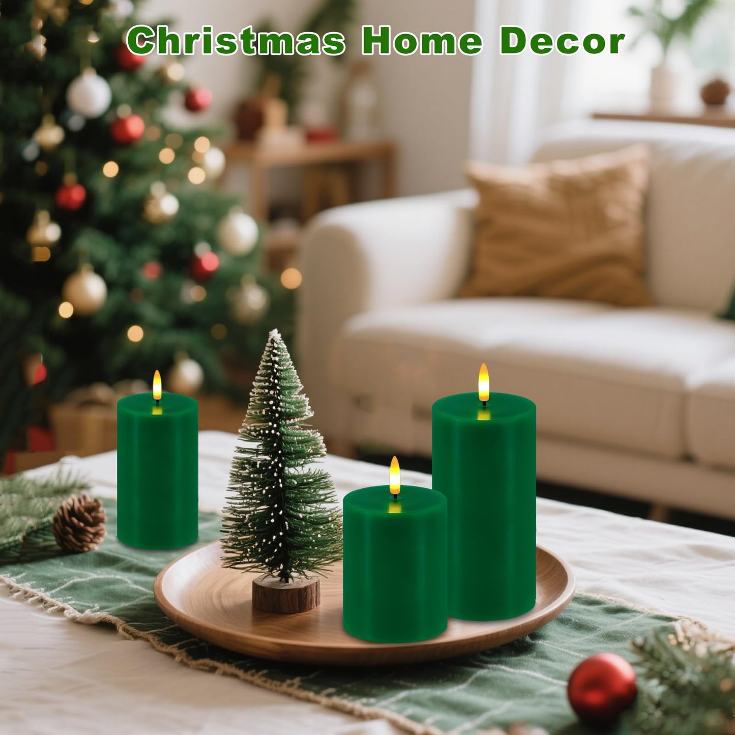 Green Flameless Candles, Set of 3 Flickering LED Candles with Remote & Timer, Dimmable Real Wax Electric Pillar Candles Battery Operated, Candles Light for Home St. Patrick's Christmas Decor (Green)