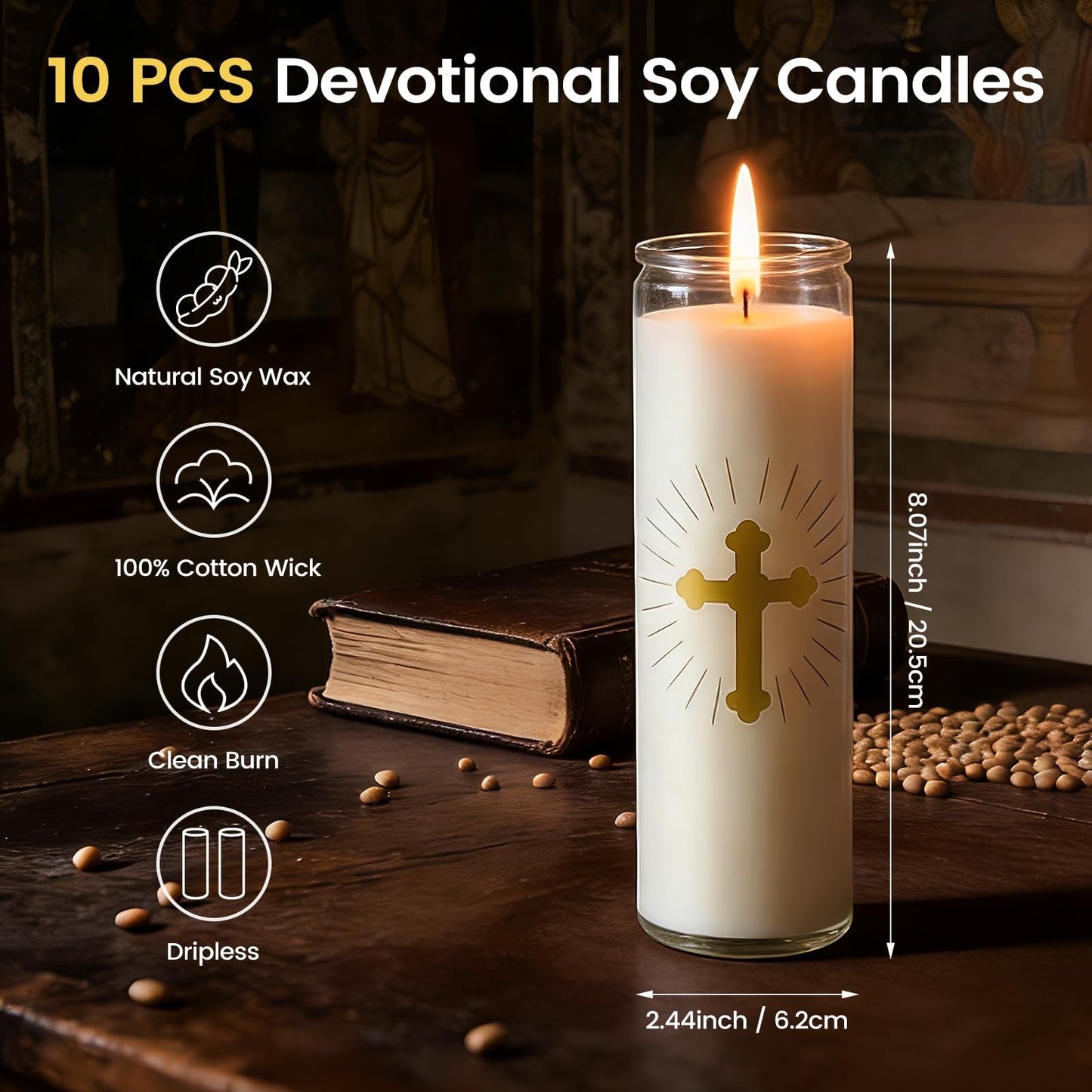 ARQRHTLY 10 Pcs Natural Soy Wax Prayer Candles 7 Day Devotional Candle in Glass 100 Hours Long Burn Time Religious Catholic Christian Spiritual Decor for Memorials Vigil Church Home Altar Bless Novena