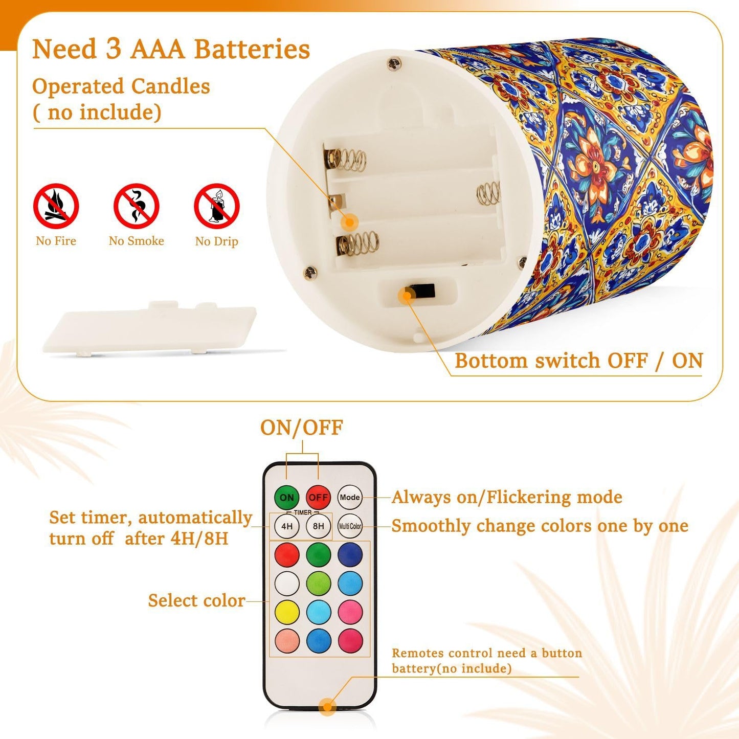 Flameless Candles Battery Operated Vintage Mexican Talavera Ceramic Tiles Flickering Led Pillar Candles With Remote Control Ethnic Flowers Pottery Colour Changing Warm Light Candles For Wedding Hall