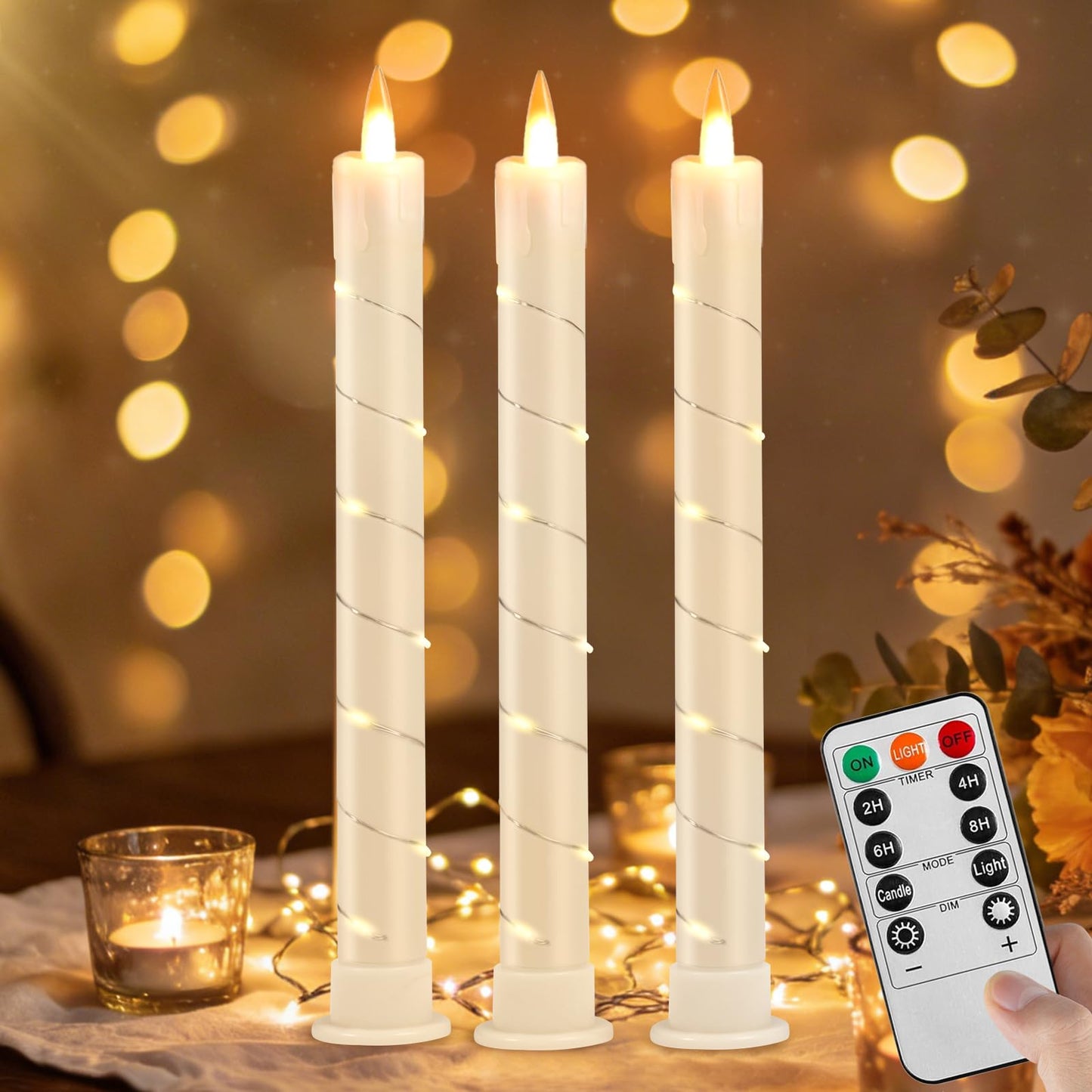 Rlojru 3pcs Flameless Taper Candle with Remote, Battery Powered, Timer, 3 Ivory ABS Candlesticks, 11 Mini Surround String Lights, 9.4 Inch LED Candles for Wedding, Birthday Party, Prom, Home Decor