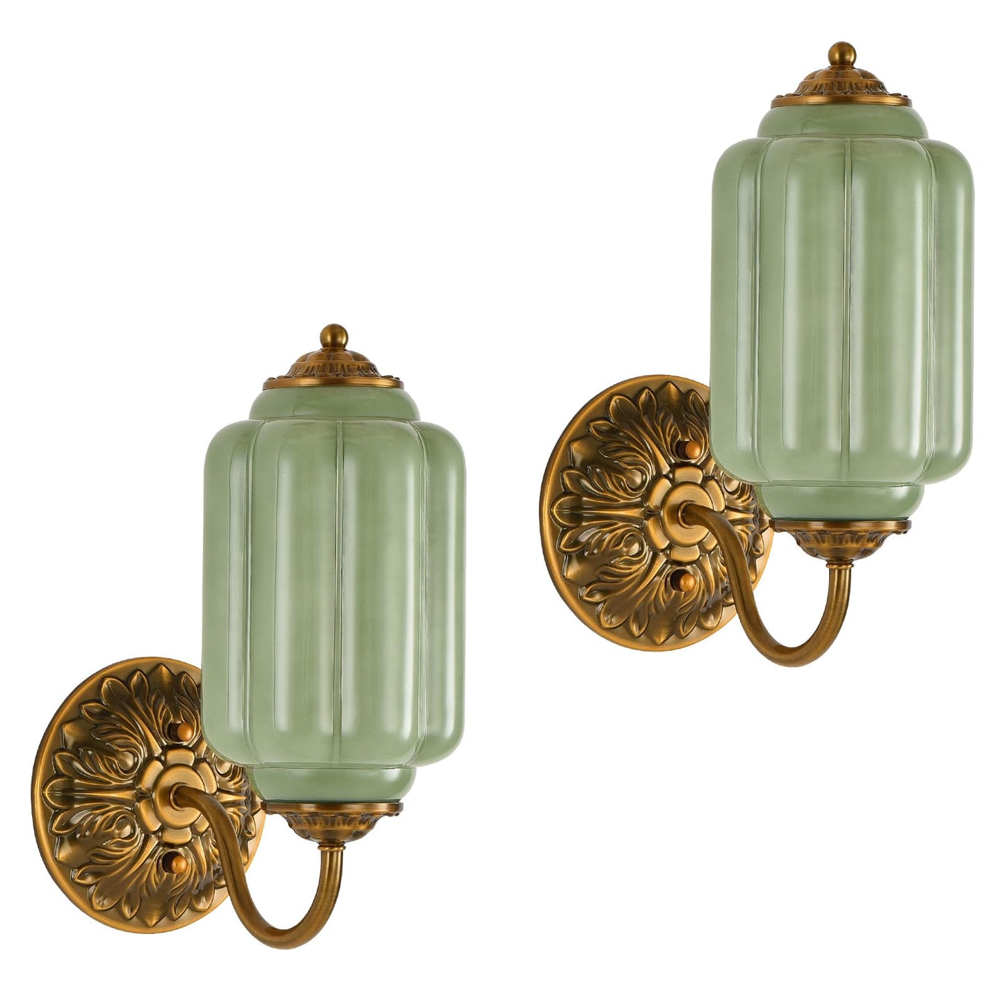 Pandaluna Vintage Wall Sconce, Green Milk Glass Light Fixture, 5.5In Art Deco Antique Wall Sconce for Bedroom Bathroom Living Room Hallway Entryway, E12 LED Bulb Included, Retro Gold & Green 2 Pack