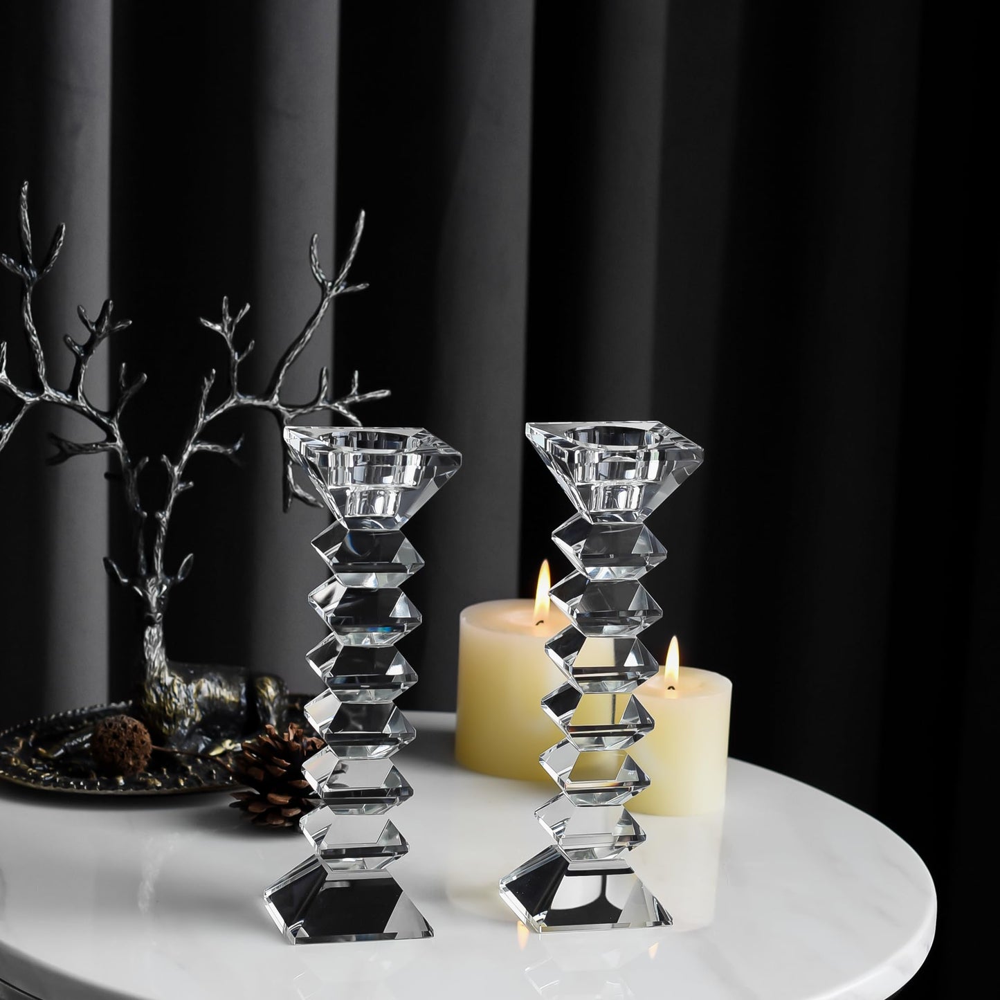 DONOUCLS Crystal Candlestick Holders 2 Pack, Clear Crystal Taper or Tealight Candles Holder, Table Centerpieces for Party Wedding Decoration(8.3in Tall)