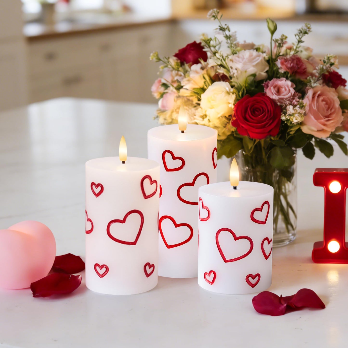 AFINETH Valentines Day Heart Candles, Real Wax Flameless Pillar Candles with Remote, Real Wax Flickering LED Pillar Candles Valentine's Day Candles Gifts for Her Him Wife Mom Home Party Decor, 3 Pack