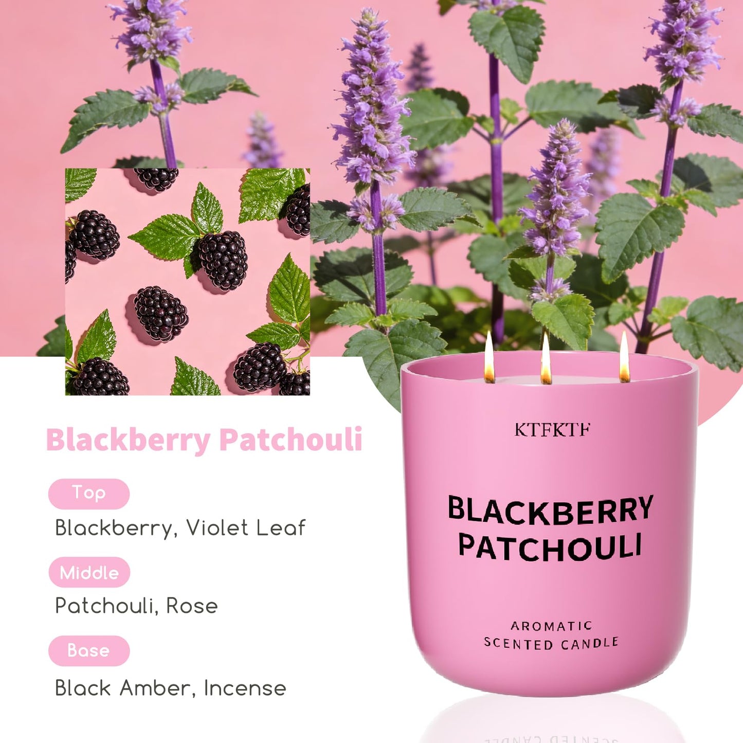 KTFKTF BlackBerry Patchouli Scented Candle for Home, 14.1oz 80 Hour Long Lasting Aromatherapy Candles for Focus & Balance, Non-Toxic Essential Oil & Soy Wax | Fruity-Spicy Earthy Fragrance