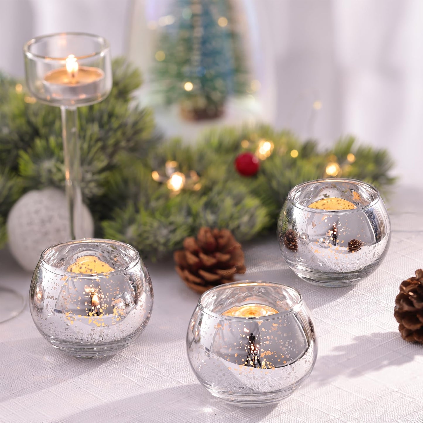 Volens Round Silver Votive Candle Holders, Mercury Glass Tealight Candle Holder Set of 12