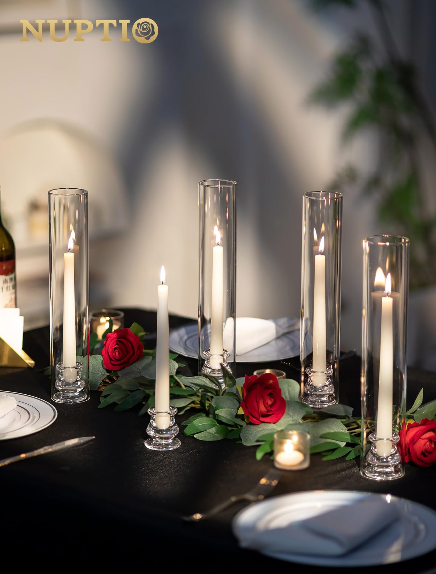 NUPTIO Hurricane Glass Candle Holders: Set of 30 Candlestick Holder with Thickend Windproof Chimney Covers - Tall Taper Candleholder Bulk for Wedding Table Centerpiece