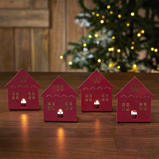 VHC Brands Tealight Holder House Burgundy Set of 4 4.5x3.75x2.25
