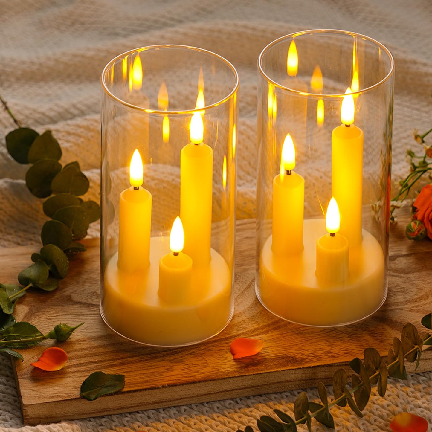 2 Pack Flameless Taper Candles, 3D Realistic Wick LED Taper Candle Lights with Clear Acrylic Cover, Remote Control Battery Operated Flickering Candles for Wedding, Party, Christmas, Home Table Decor.