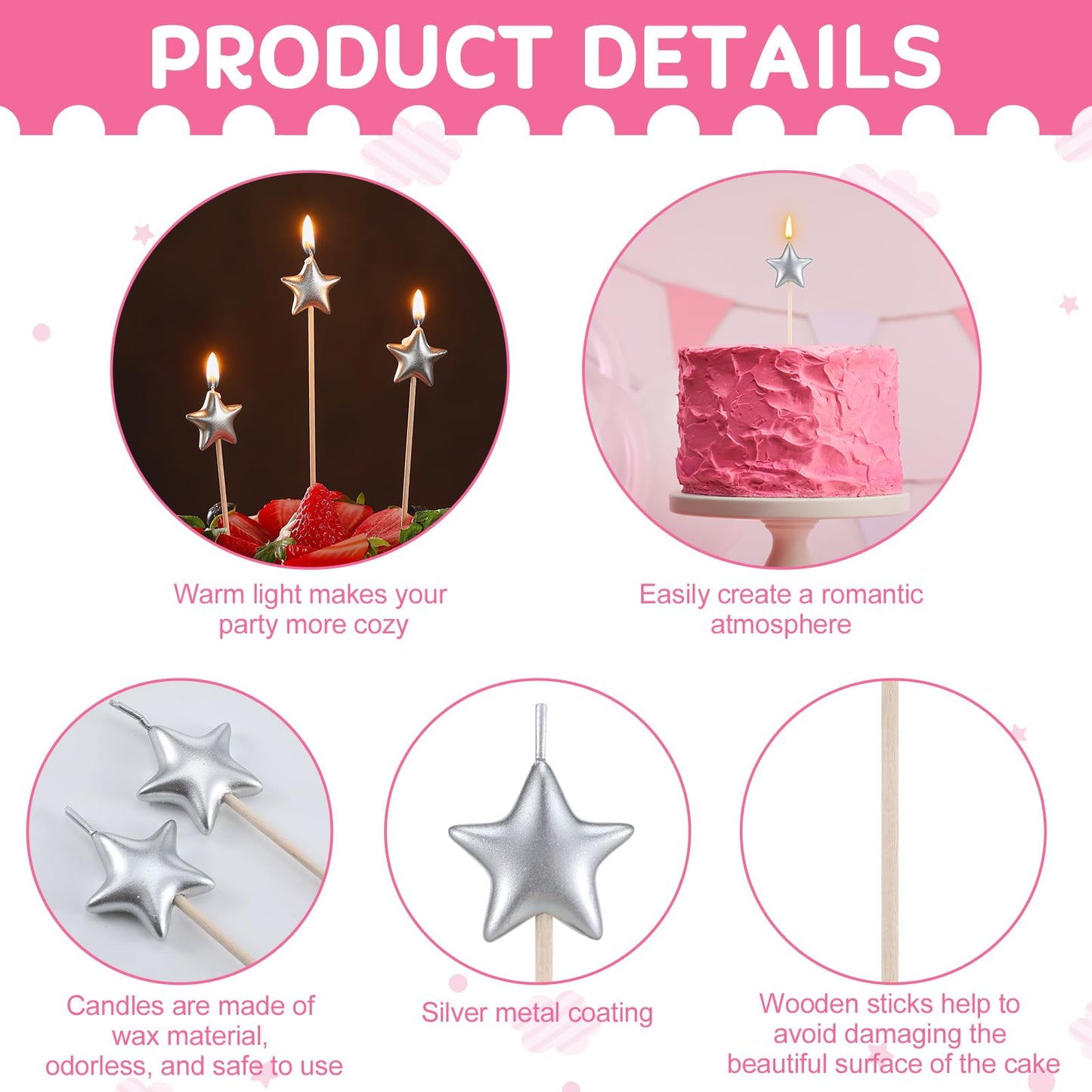 16 Pack Star Candles for Cake Birthday Star Shaped Sparkler Candles Stereo Cake Topper Decorations for Birthday Party Supplies(Silver)