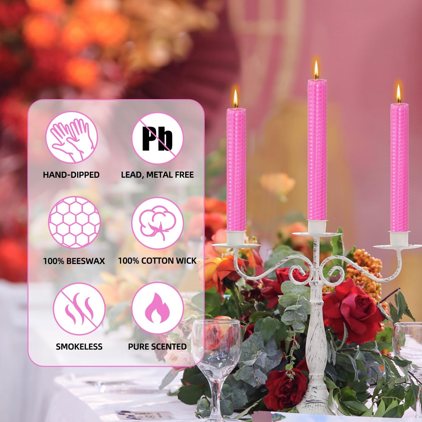 KONNI Pink Beeswax Taper Candles, 0.87 inch x 7.87 inch Hand-Rolled, Unscented, Smokeless Beeswax, Long Burning Time, Flat Top (Pack of 3), for Weddings, Dinner Parties, Spas, and Home Decor