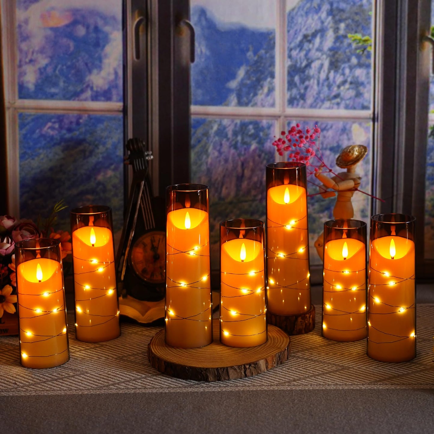 Eebuss Flameless Candles with Embedded Star String, Battery Operated LED Pillar Candles with Timer and Remote Control,Home Decorating for Ambiance， Set of 9(Grey)