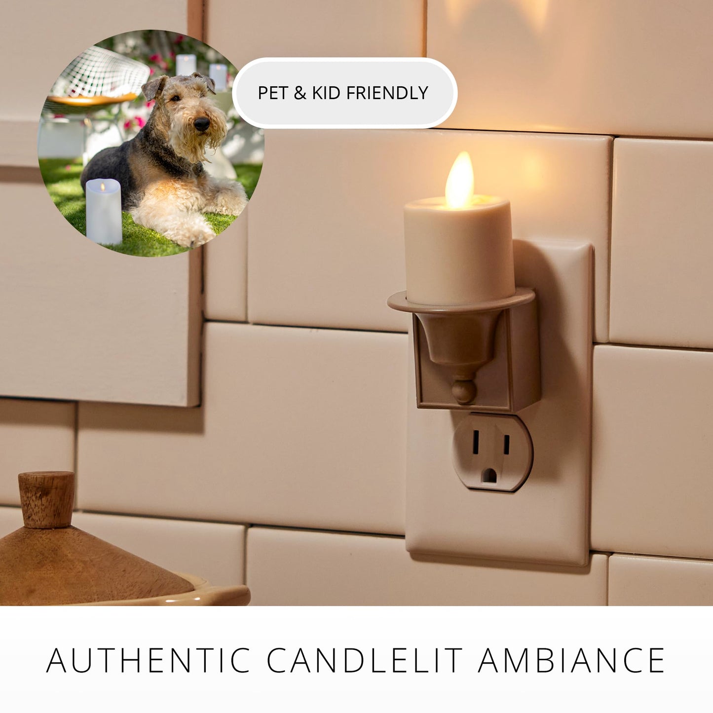 Luminara Flameless Candle Nightlight w/Dusk to Dawn Light Dark Auto Sensor, Timeless Taupe Wall Plug Indoor Night LED Light w/Real-Flame Effect Technology, Bathroom Bedroom Hallway, No Remote Needed