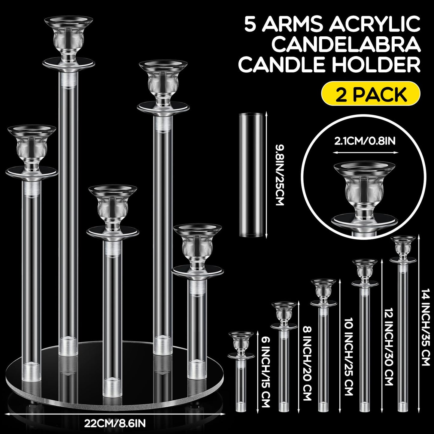 Dandat 2 Pack 5 Arms Acrylic Candelabra Candle Holder Clear Candelabra Centerpieces for Wedding, Crystal Candlesticks Pillar Taper Candlesticks for Living Room Dinner Table Decoration Fit LED Candle