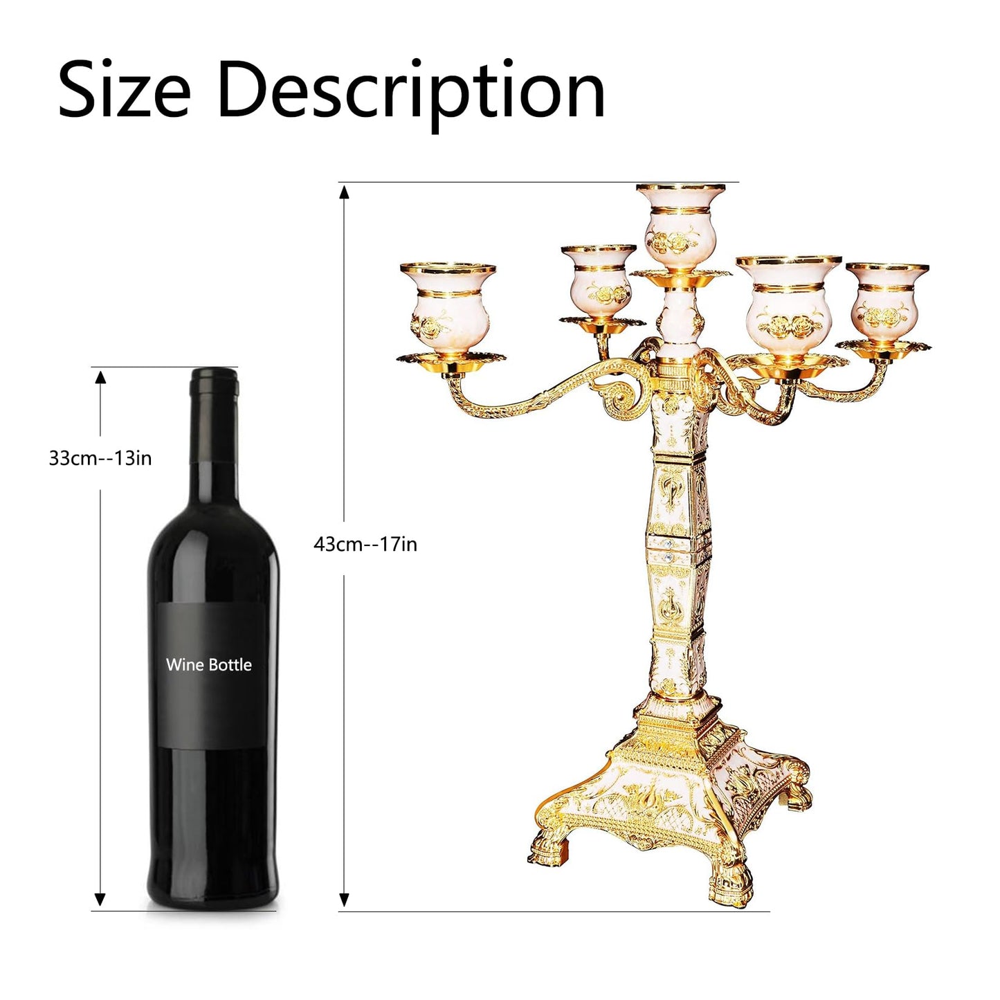 RosyLine Metal Candelabra 17" Height, Candle Holder with 5 Arms,Antique Bronze Furnish Candle Holder, Centerpiece for Home Decro,Wedding Event, Party,1 Pack (Golden)
