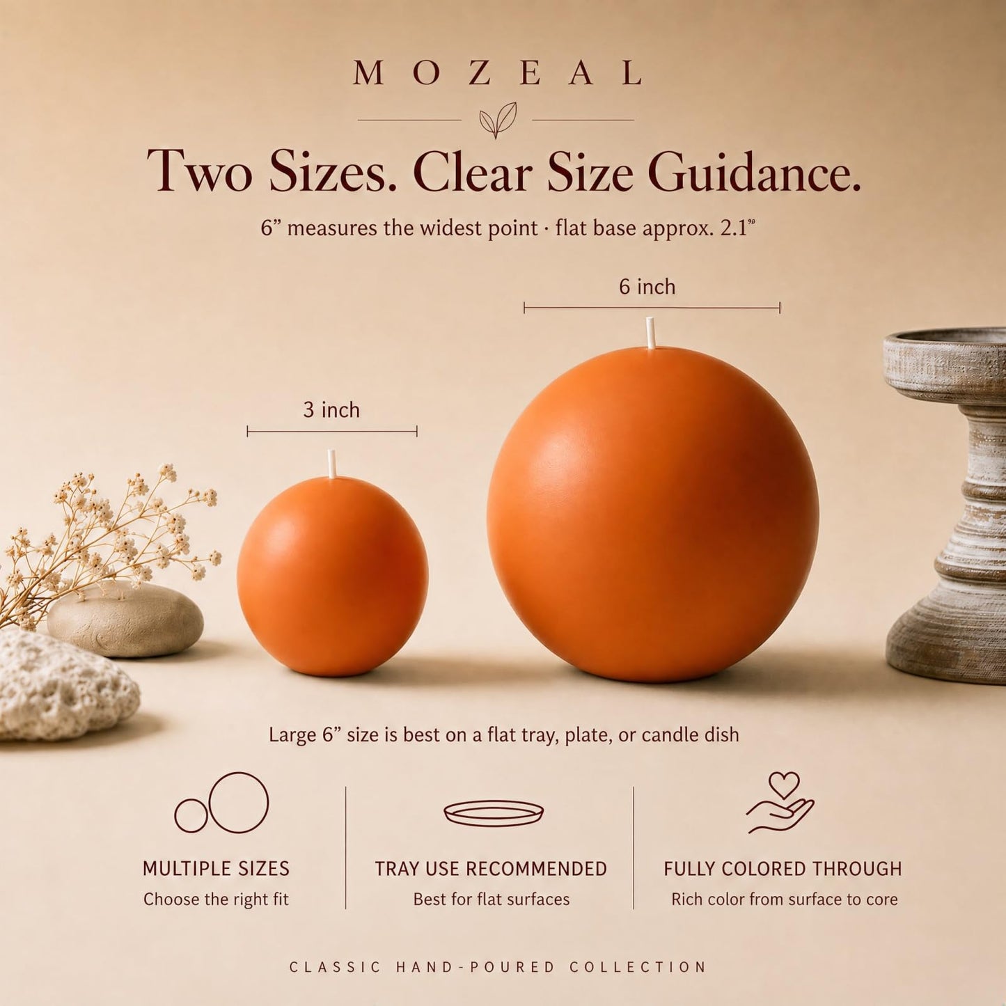 MOZEAL Hand-Poured, 6 Inch Orange Large Round Ball Candles - Elegant Orange Round Pillar Candles, Dripless, Unscented, Smokeless, Ideal for Halloween Decor.