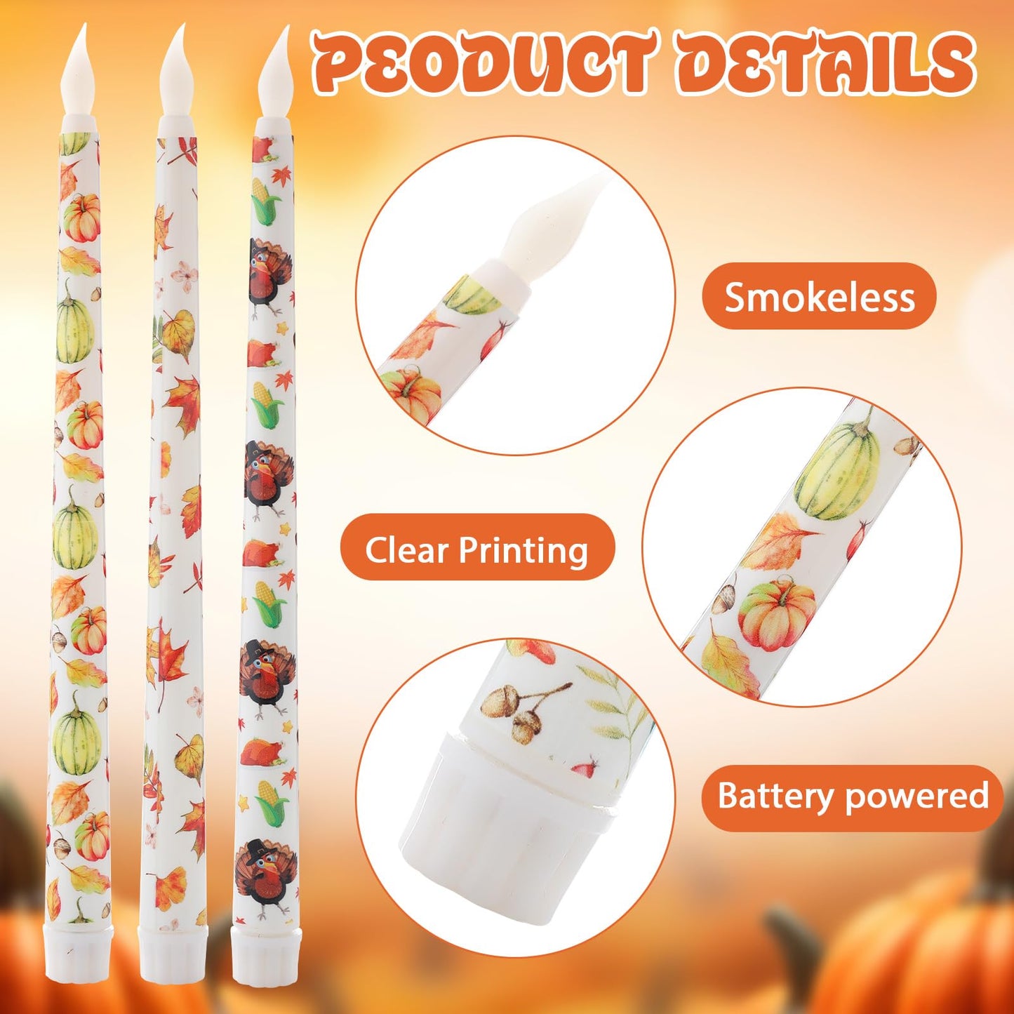 Kittmip 6 Pcs Thanksgiving Flameless Taper Candles 11 Inch Harvest Battery Operated LED Fall Leaves Pumpkin Turkey Candles Table Centerpiece for Home Party Decor