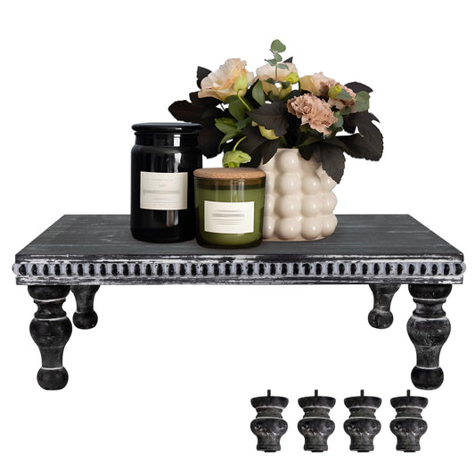 MAONAME Wood Display Risers Decorative Tray, Farmhouse Pedestal Stand for Display Home Decor, Vintage Black Beaded Wooden Tray for Kitchen Counter, Short and Tall Footed