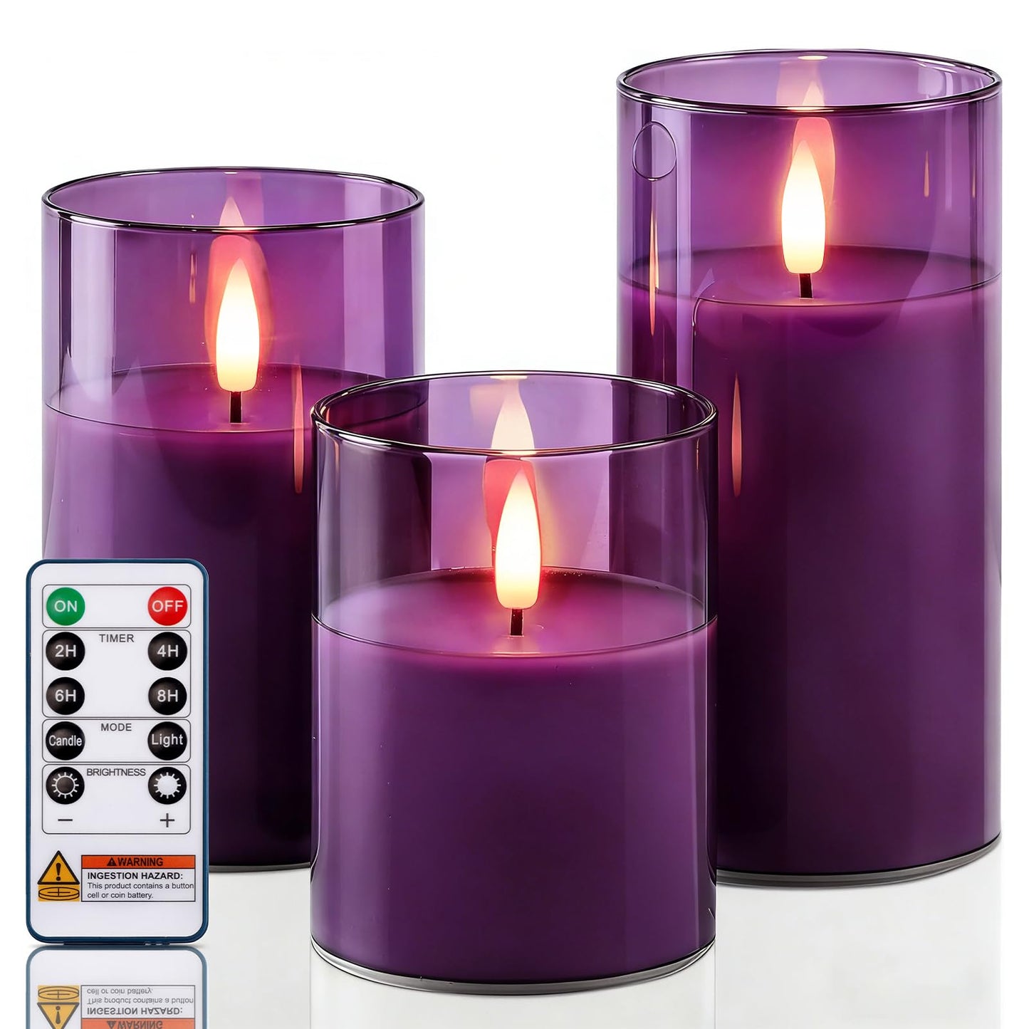 Homemory Purple Glass Flameless Candles, Battery Operated LED Pillar Candles with Remote Control and Timer, Radiance Candles, Real Wax, Set of 3,D3 xH4 5" 6"