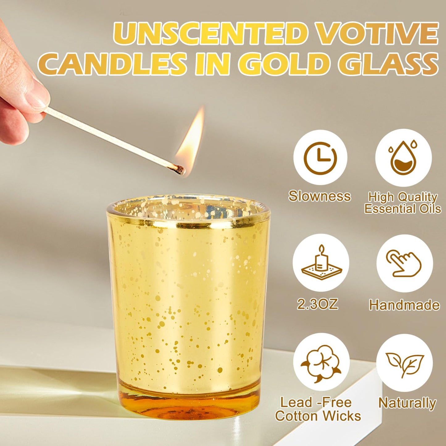 Soft Breeze 24 PCS Speckled Mercury Golden Glass Candle, Unscented Glass Votive Candle, Birthday&Wedding Decorations for Table Home，Anniversary Party Candles,Golden