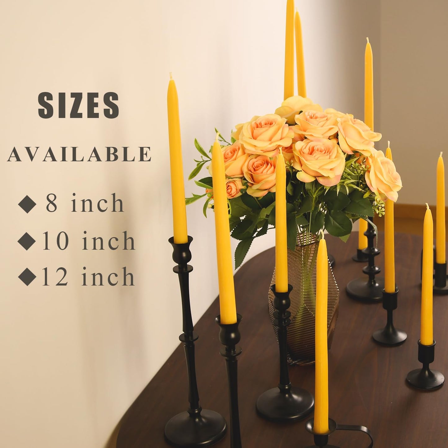 24 Pack Natural Beeswax Taper Candles in Bulk 10 inch Tall - Dripless Candle 100% Pure Unscented Beeswax, 8 Hours Long Burning Time -Yellow