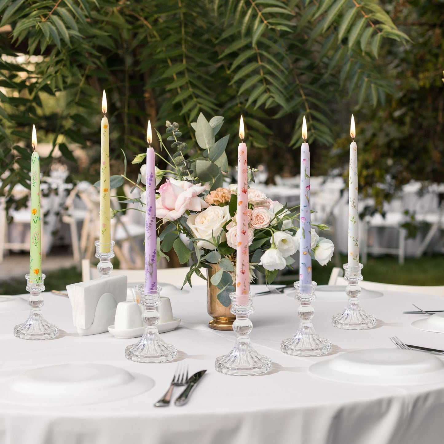 Conelist 12 Pcs 9.8" Floral Long Taper Candles Pastel Flower Candlesticks Tall Smokeless Unscented Decorative Tapered Candles Gifts for Christmas Wedding Home Dinner Party Decorations