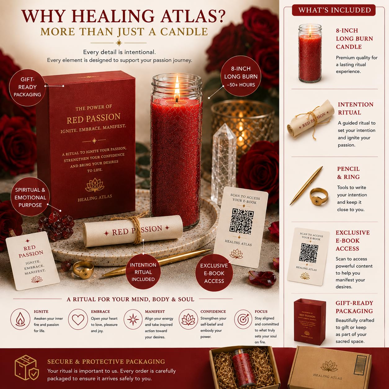 Red Passion Manifestation Candle Kit – 8" Ritual Prayer Candle with Intention Scrolls, Pencil & QR Guide for Passion, Confidence, Motivation & Strength