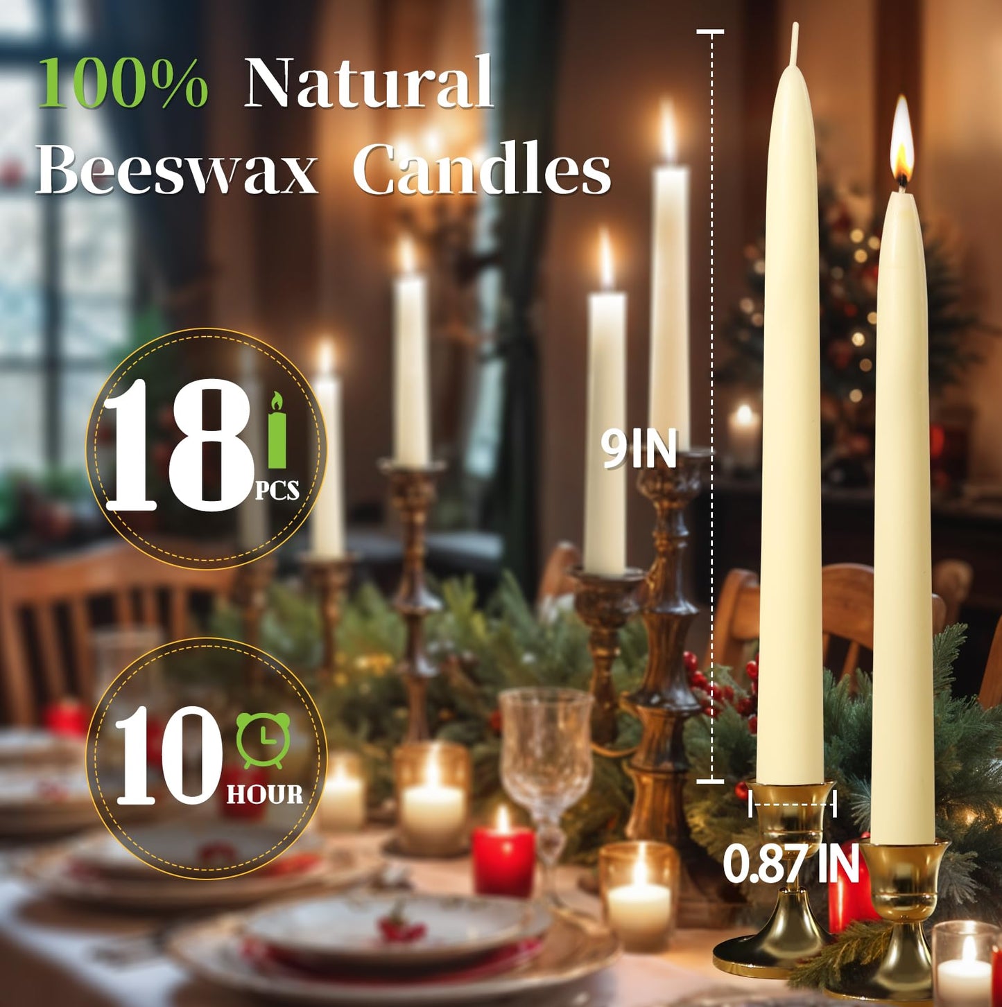 8 in Beeswax Taper Candles,18 Pack Dripless Pure White Beeswax Candle Sticks,8 Hours Long Burning Natural Bees Wax Candles for Home,Unscented Smokeless Tapered Candlesticks for Dinner