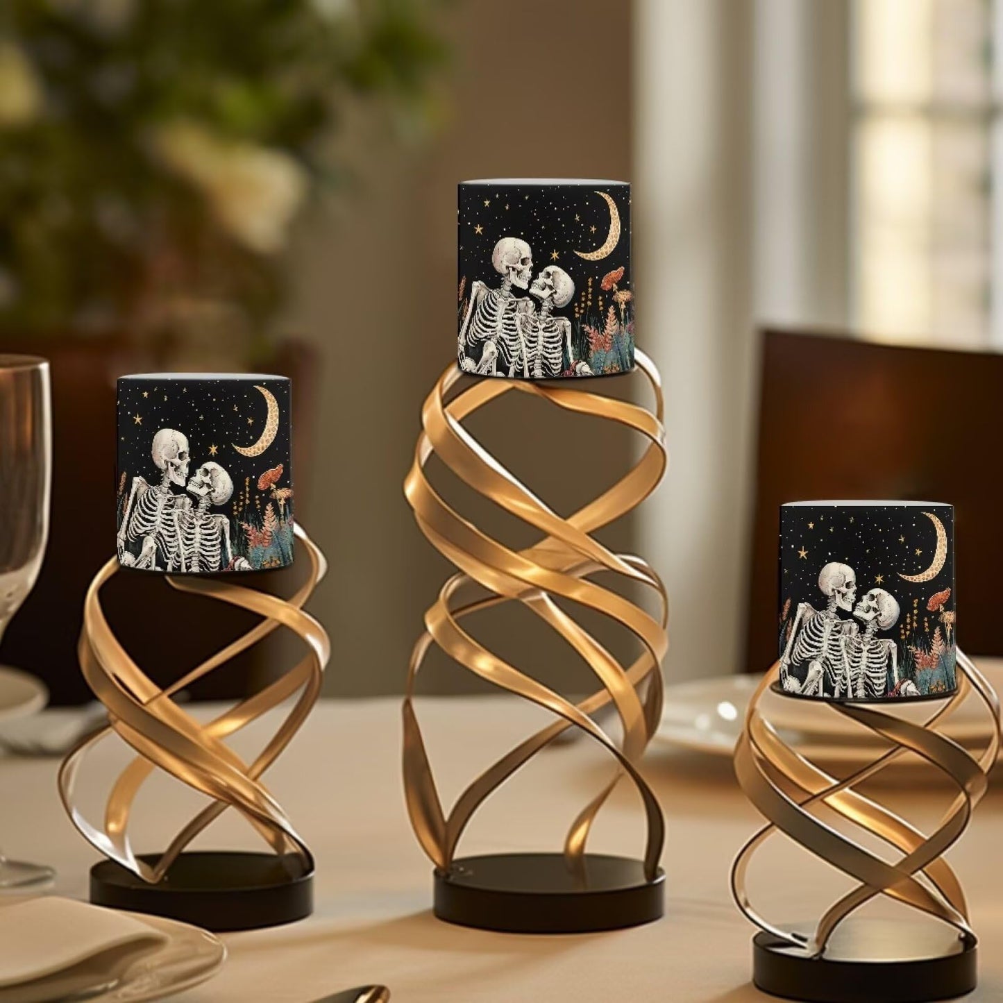 Merkmak Pack of 4 Flameless Candles Battery Operated Candles with Remote and Timer Flickering LED Elictric Pillar Tealights for Indoor Outdoor Decorations, Moon Skeleton