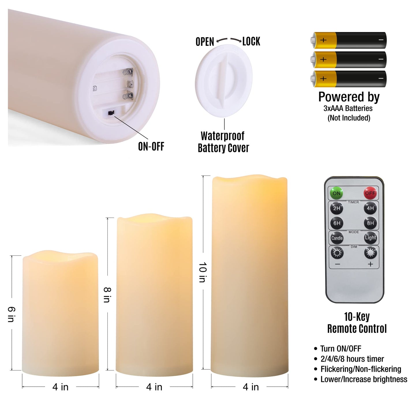 Yongmao 6" 8" 10" x 4" Waterproof Outdoor Flameless Candles Battery Operated LED Flickering Pillar Candles with Remote and Timer for Indoor Outdoor Lanterns, Long Lasting, Ivory White Large, Set of 3