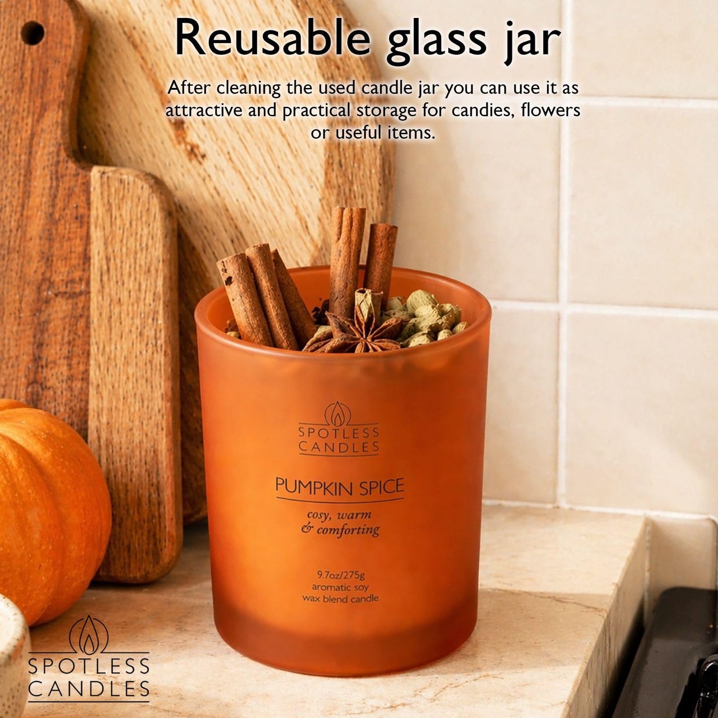 Pumpkin Spice Candle; 9.7 oz:, 55 Hrs Burn Time, Soy Wax Orange Frosted Jar with Crackling Wooden Wick & Luxury Gift Box: Pumpkin Spice Scented Candle by Spotless Candles