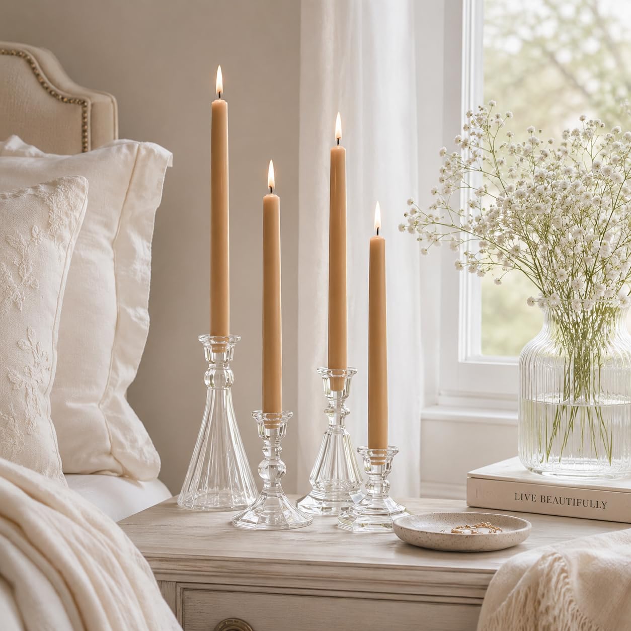 Warm Beige Taper Candles Set of 4, 10 Inch Handmade Candle Stick, Unscented Candlesticks, Tapered Candles for Wedding Dinner Table Home Decor Meditation Gift