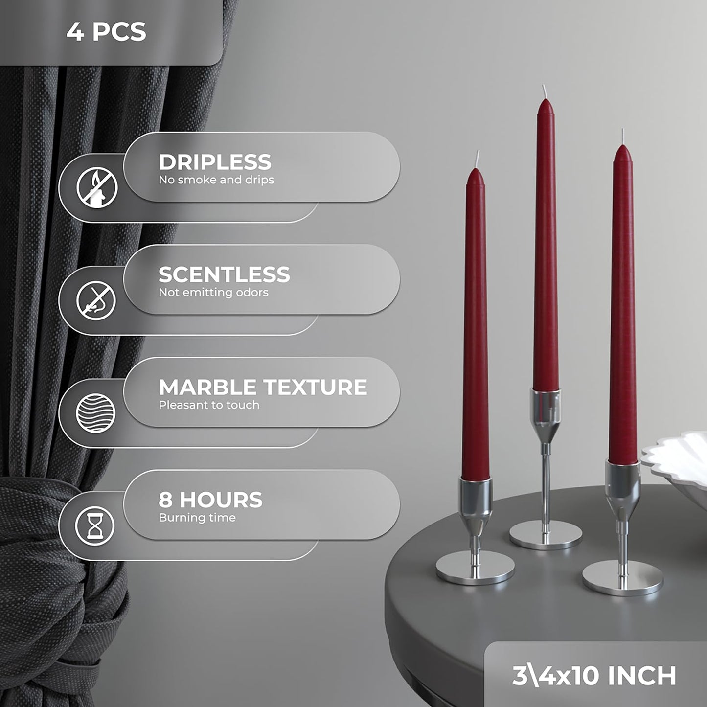 CANDWAX Burgundy 10 inch Taper Candles Pack of 4 - Unscented Dripless Burgundy Candlesticks - Perfect as Christmas Decorations and Home Decor for Dinner Table Centerpieces - Christmas Taper Candles