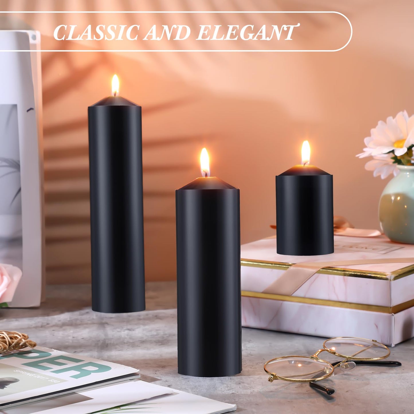 MTLEE 18 Pcs Set of 3 Pillar Candles Bulk 2 in x 3, 6, 8 Long Burning Clean Unscented Smokeless Pillar Candles for Wedding Emergency Lanterns Ceremony Party(Black)