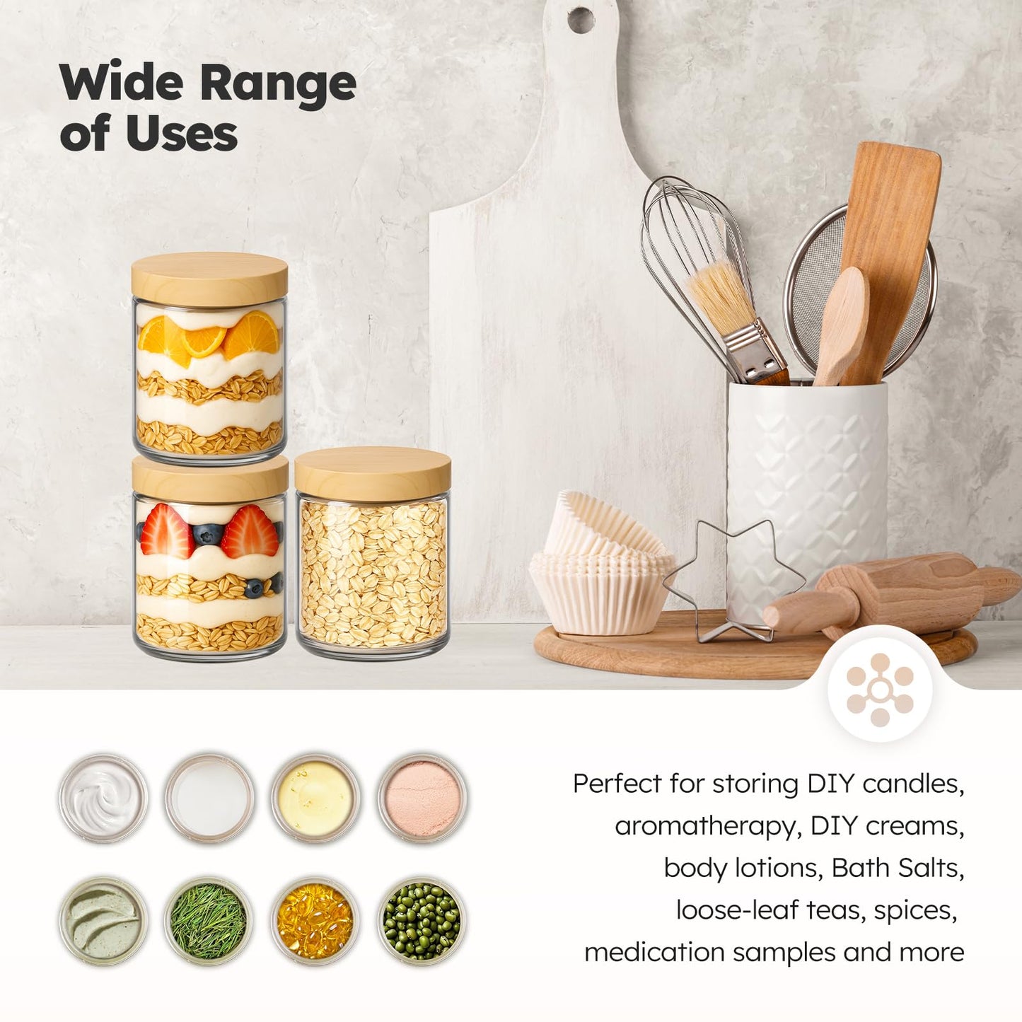 8 oz Glass Jars with Lids, 30 Pack Clear Small Glass Jars with Woodgrain Lids Leakproof Round Airtight Empty Cosmetic Travel Containers for Lotions Powders and Candle Making