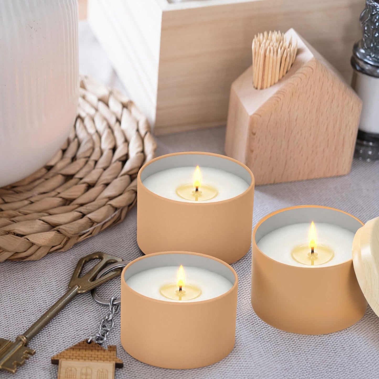Honeydak 36 Pcs 4oz Brown Candle Jars Bulk Candle Tins Small Empty Containers with Metal Wood Grain Printing Lids for Making DIY Jars Storage Wedding Gifts