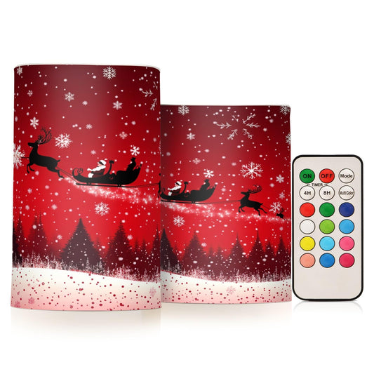 Eionryn Christmas Reindeer Santa Sleigh Red Sky Flameless Candles Battery Operated LED Candles with Remote Timer Electric Candles for Home Party Decor 2pcs