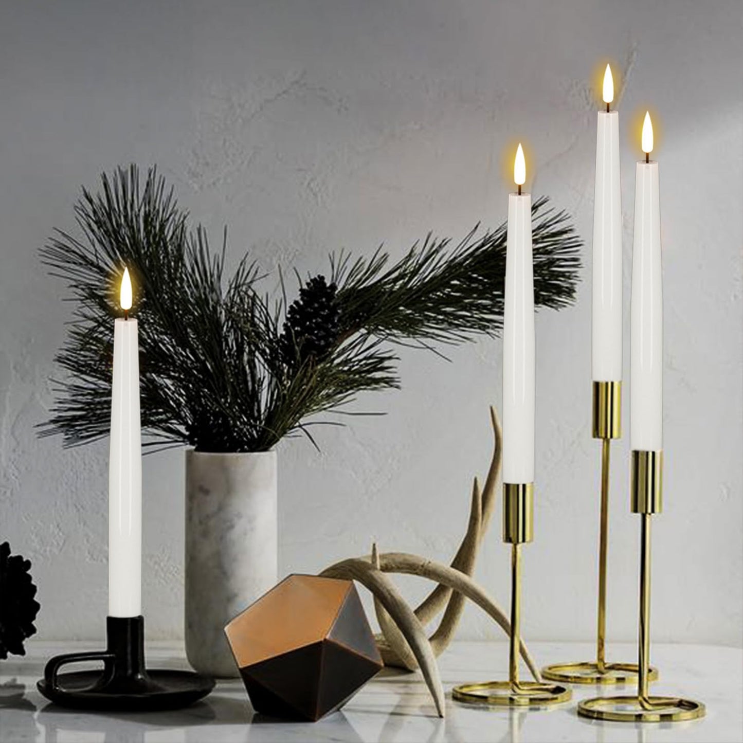 GenSwin Flameless Taper Candles, LED Taper Candles Battery Operated with Remote Timer, Set of 2 Real Wax White Flameless Candlesticks with 3D Flame for Home Weddin Party Holiday Decor (0.78” x 9.84”)