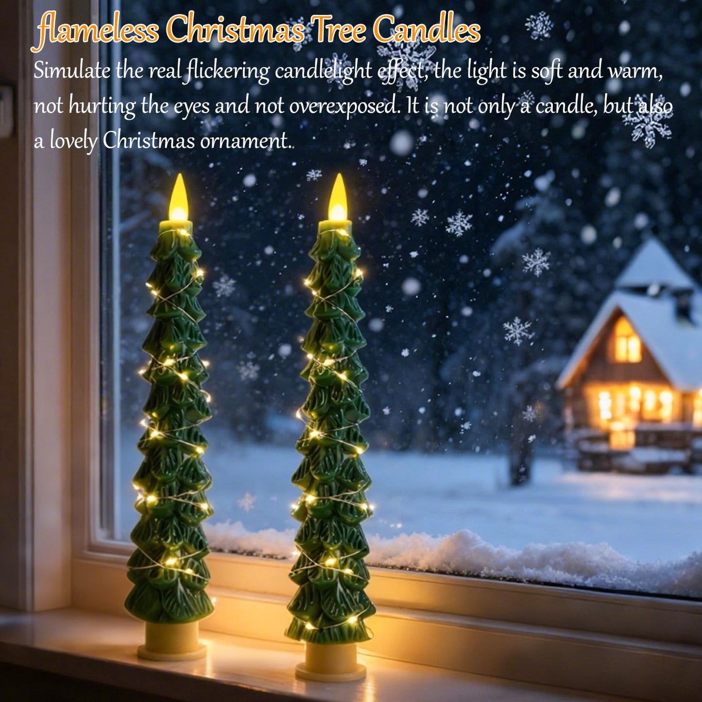 Eynshoo 2-Pack Christmas Tree Flameless LED Candles with String Lights, Realistic 3D Flickering Flame, Remote Control, Battery-Operated Christmas Decorations for Home & Holiday Display
