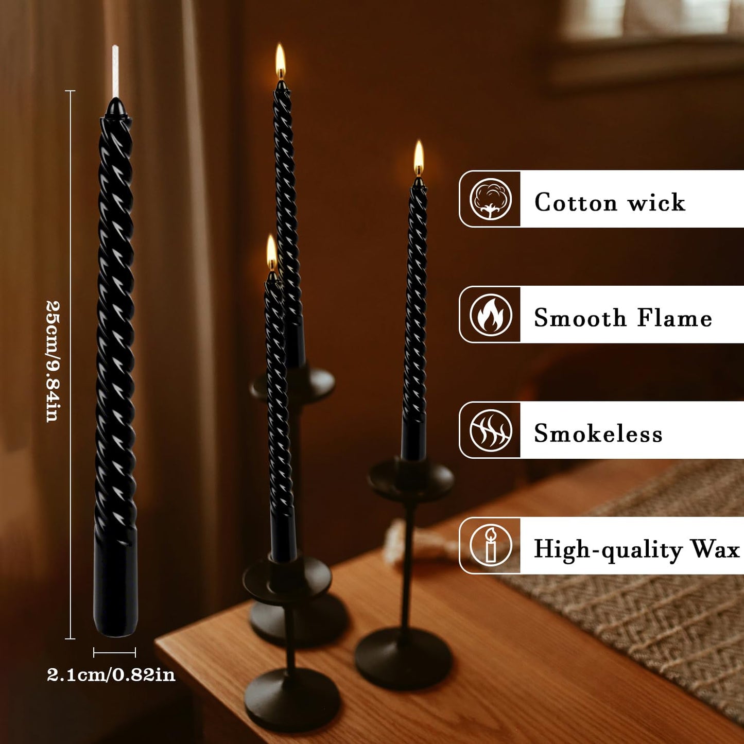 WPONSZU 10 Inch Black Spiral Taper Candle Set, 12 Pack Unscented Dripless Candlesticks for Halloween,Dinner,Party Brithday Wedding and Home Decoration
