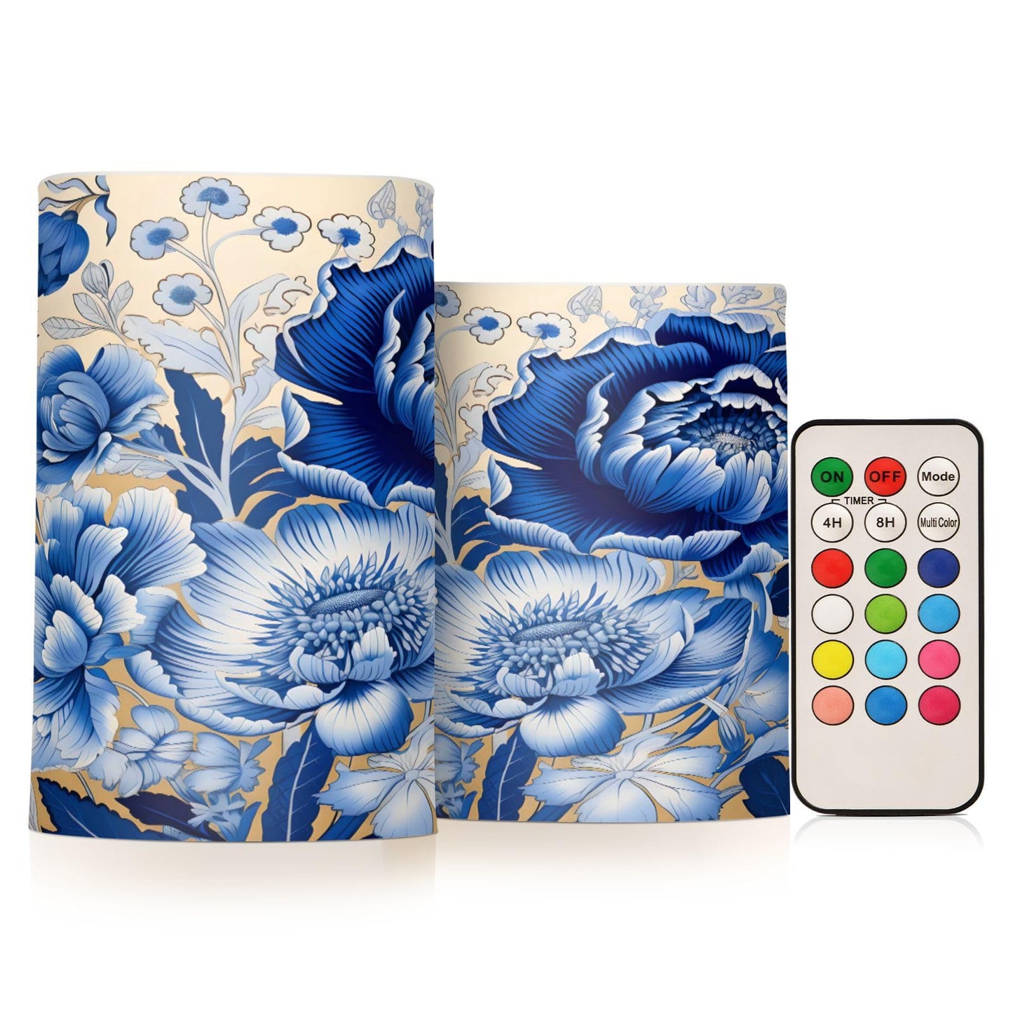 ALAZA White Navy Blue Flowers Floral Flickering Flameless Candles Battery Operated with Remote Timer,Tea Light Candles LED Pillar Votive Candles Set of 2 for Outdoor Indoor Decorations