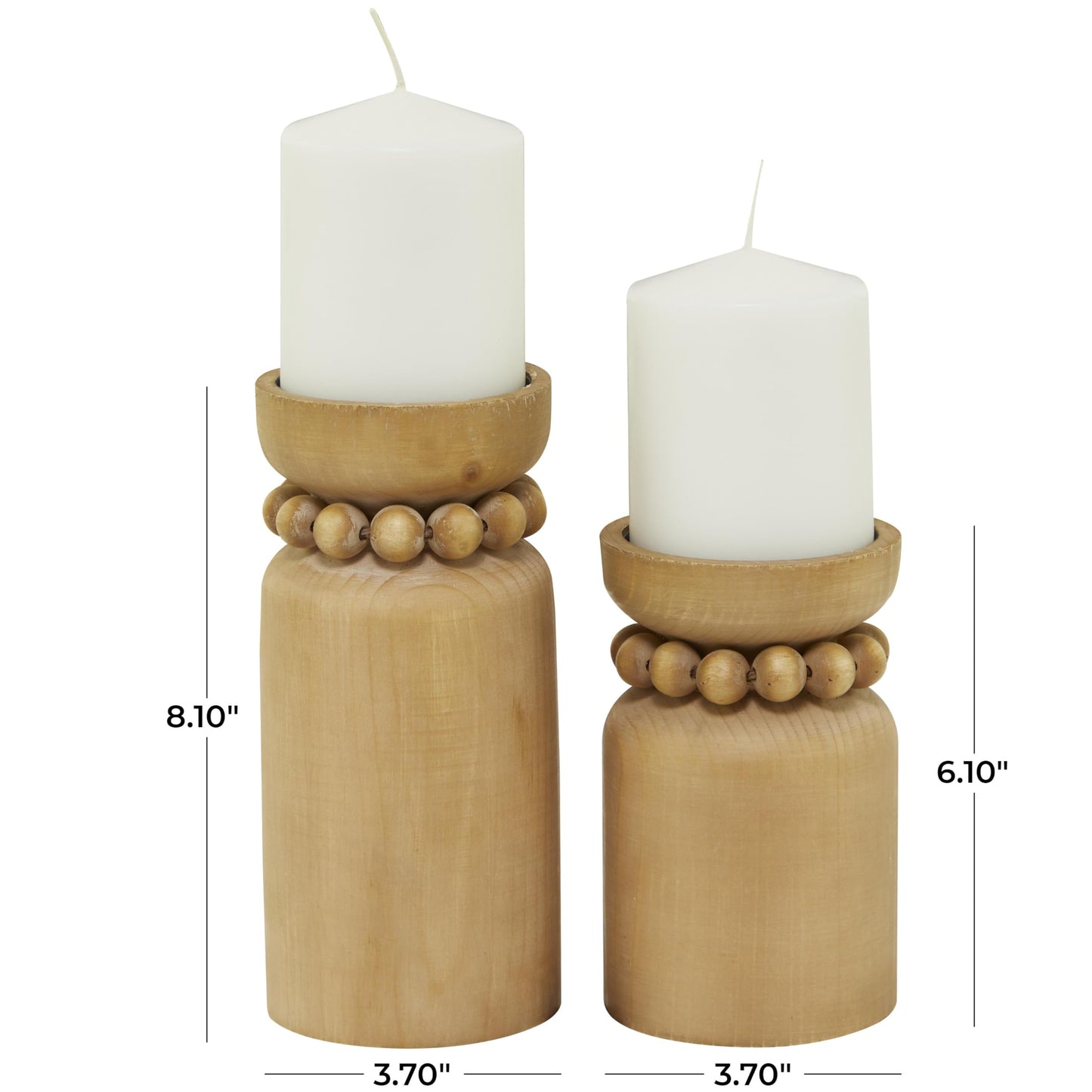 Deco 79 Wood Decorative Candle Holder Beaded Pillar Candle Stand, Set of 2 Candlestick Holder 8", 6"H, Brown