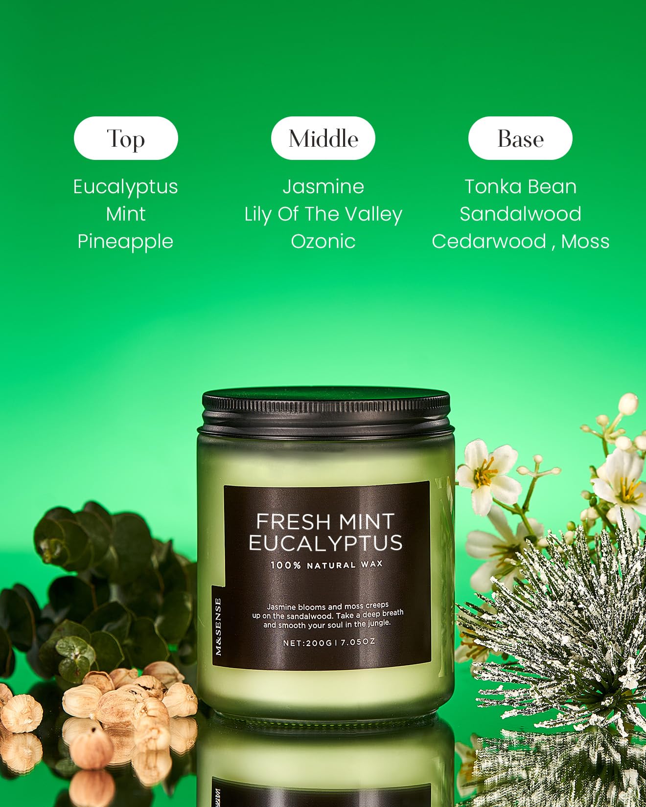 M&SENSE Eucalyptus & Mint Candles for Home Scented, 7.05oz Natural Soy Wax, 50 Hours Clean Burn Non Toxic Aromatherapy Candle, Slow Burning for Stress Relief Meditation Relaxation Spa