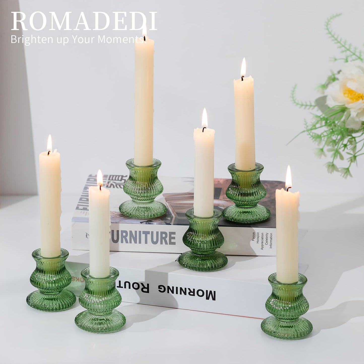 Romadedi Glass Candle Holders for Candlestick - 2 Pcs Green Ribbed Tapered Candle Holder Decor for Table Centerpiece Christmas Party Living Room Dinner Advent