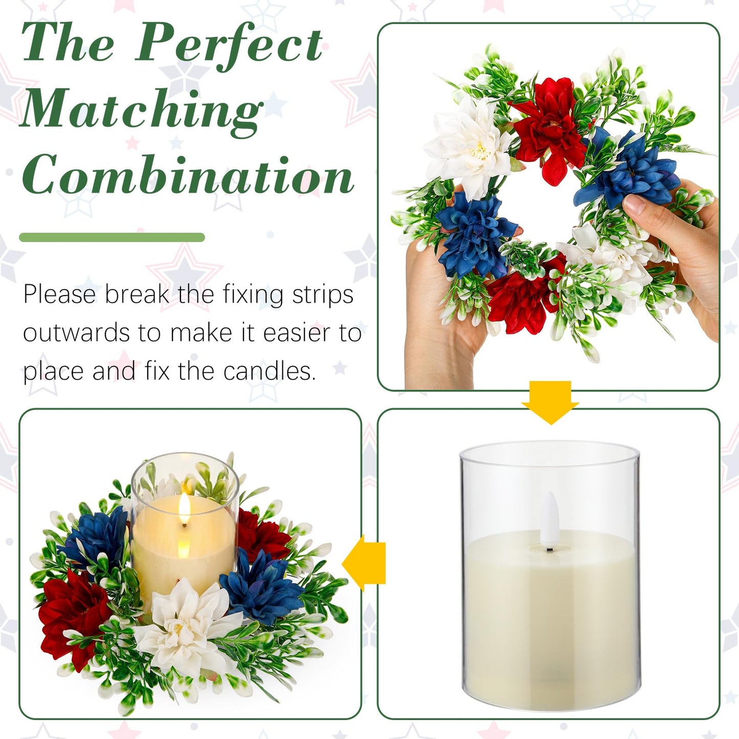 Yunlly 4 Pcs Artificial Dahlia Candle Rings Wreaths, Patriotic Red White and Blue Floral Rings Holders with LED Flameless Candles for 4th of July Independence Day Memorial Day Table Centerpiece